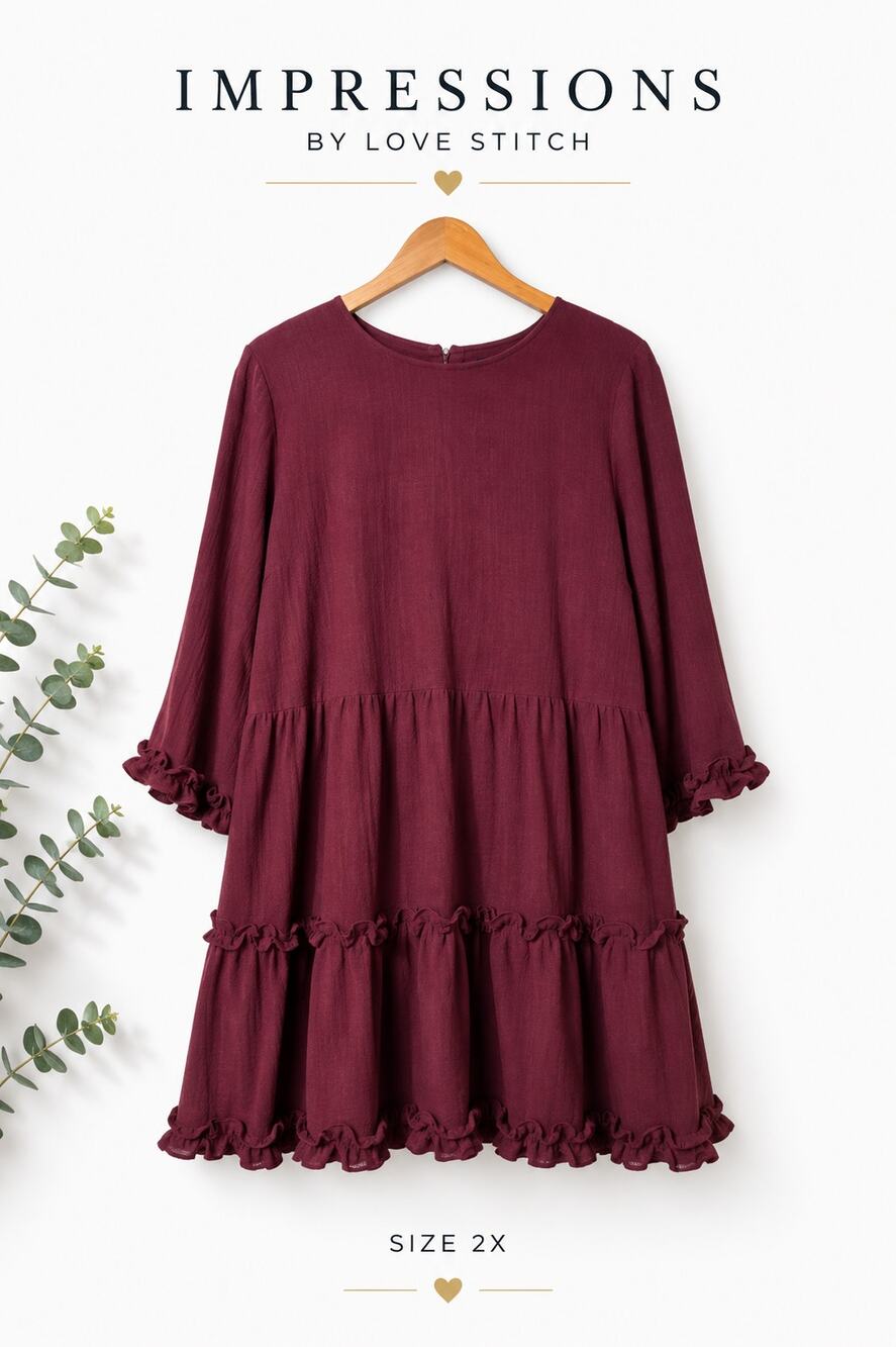 Impressions By Love Stitch Burgundy Ruffle Mini Dress 2X Boho Tiered NWT
